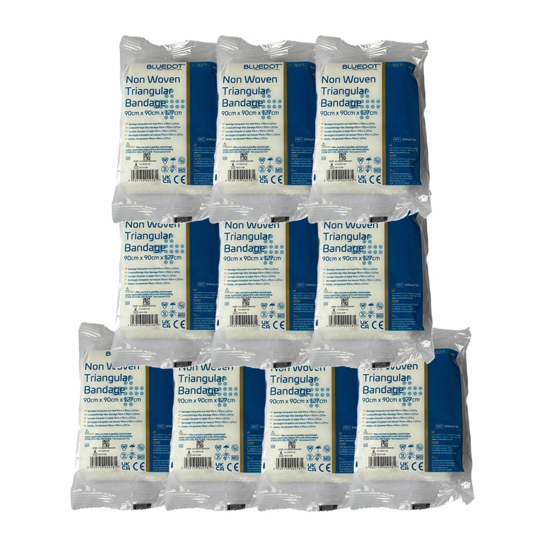 Ten packages of Blue Dot non-woven triangular bandages on a white background