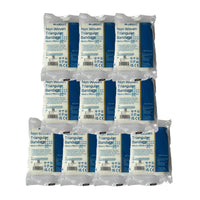 Ten packages of Blue Dot non-woven triangular bandages on a white background