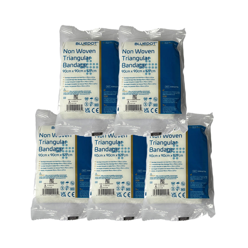 Five packages of Blue Dot non woven triangular bandages on a white background