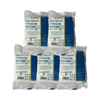 Five packages of Blue Dot non woven triangular bandages on a white background