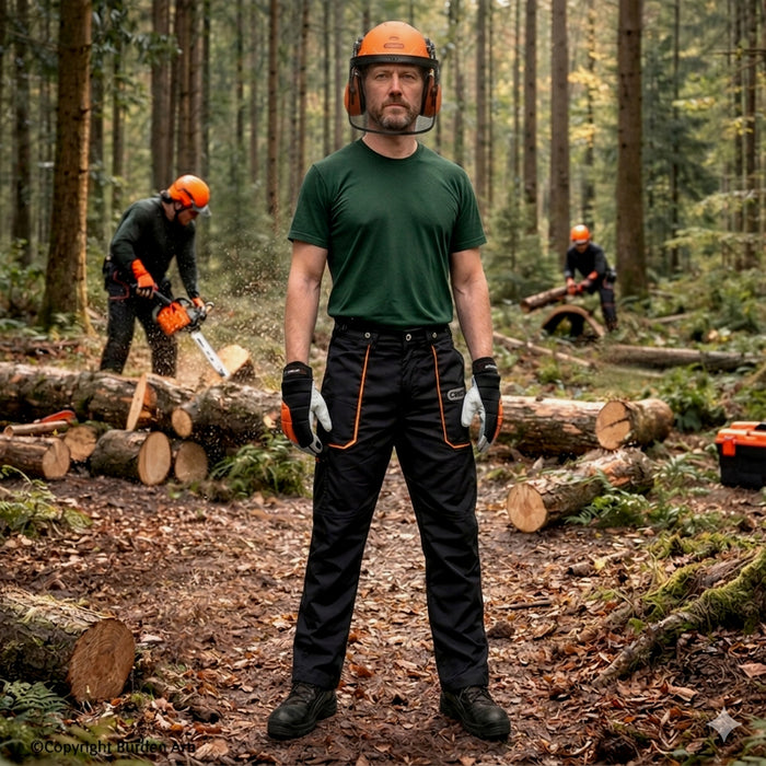 Man wearing Oregon safety gear including chainsaw trousers, boots, helmet & gloves with other chainsaw workers in the background.