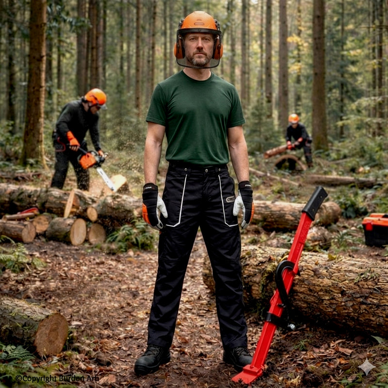 Man with felling lever wearing Oregon safety gear including chainsaw trousers, boots, helmet & gloves and chainsaw workers in the background.
