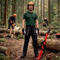 Man with felling lever wearing Oregon safety gear including chainsaw trousers, boots, helmet & gloves and chainsaw workers in the background.