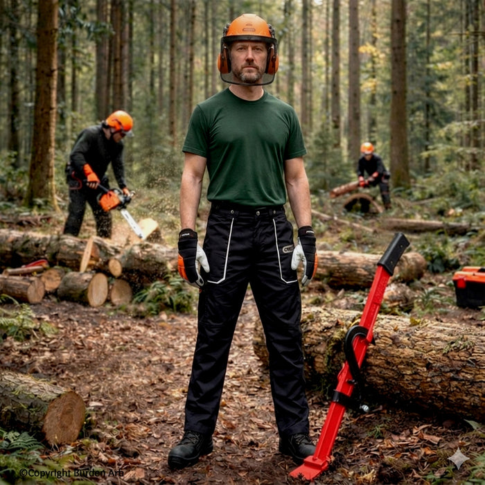 Man with felling lever wearing Oregon safety gear including chainsaw trousers, boots, helmet & gloves and chainsaw workers in the background.