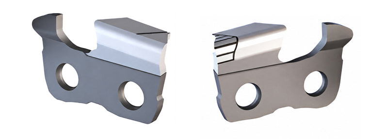 Two Oregon chainsaw chain cutters on a white background with the sharpening witness marks clearly visible.